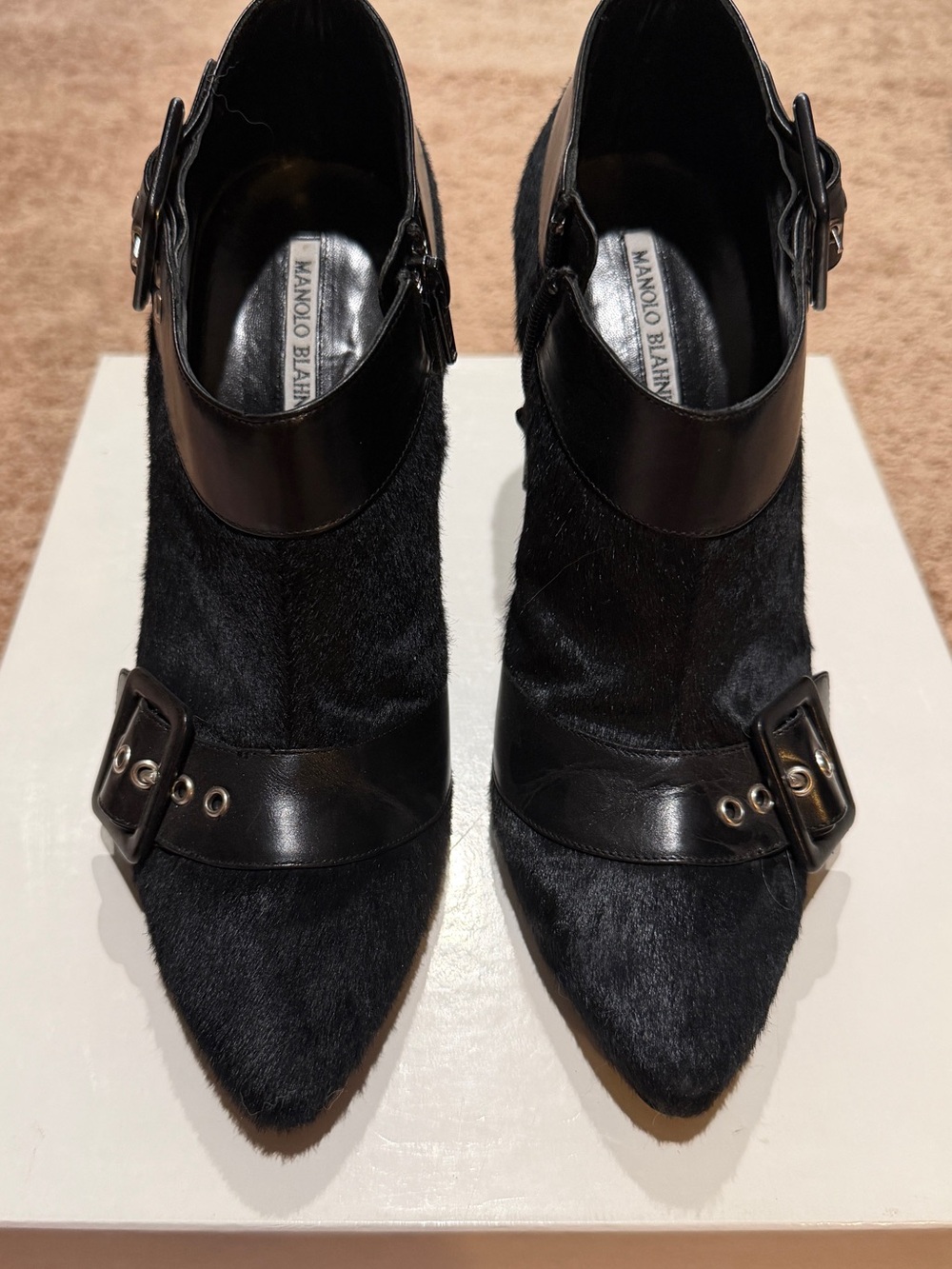 Manolo Blahnik Black Pointed Buckle Ankle Boots with Pony hair